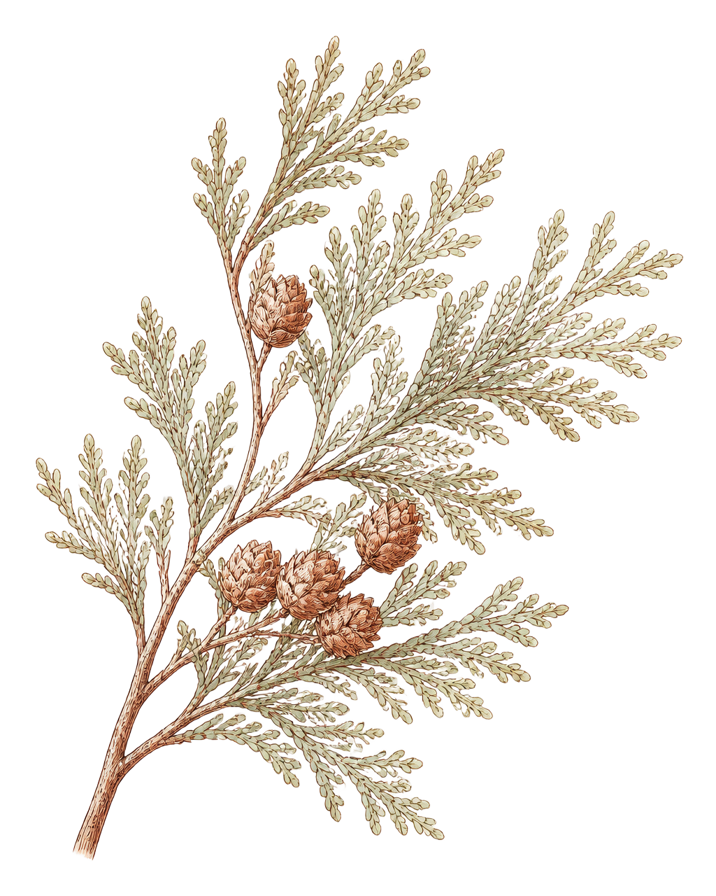 Botanical illustration of a cedar branch